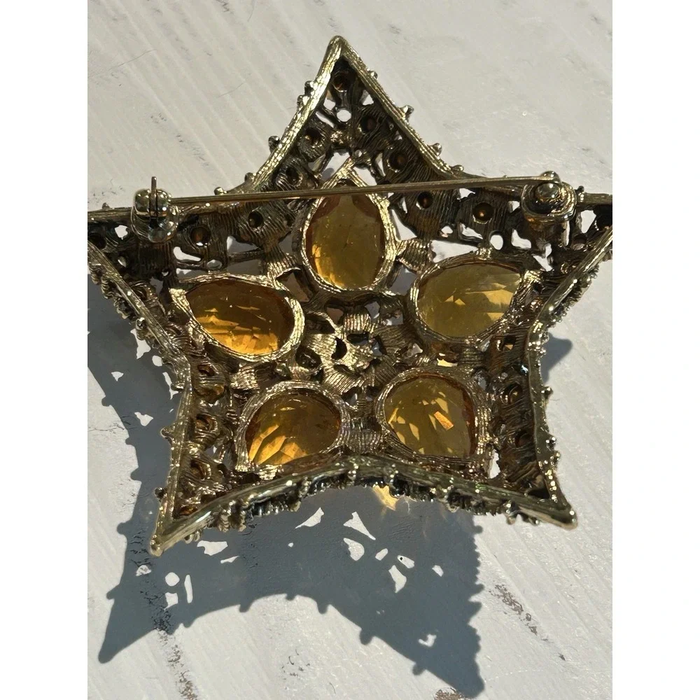 VTG KJL Kenneth J. Lane Orion Star Book Piece Gold Topaz Rhinestone Glass Brooch